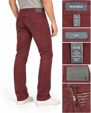 Preppy Bonobos Men's Slim Fit 5 Pocket Pants Size 31x30 Burgundy Stretch Cotton